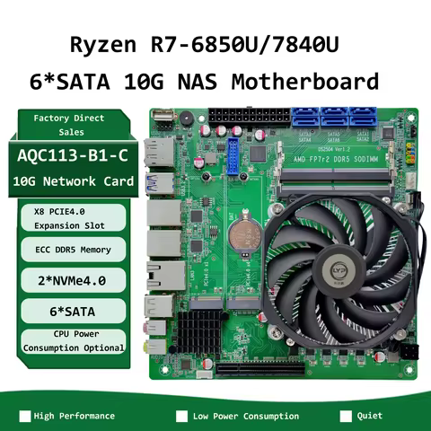 Ryzen 7 6850U / 7840U 10GbE NAS Motherboard, 6-Bay All-in-One Mini ITX, No Heatsink/R7-6850U Onboard