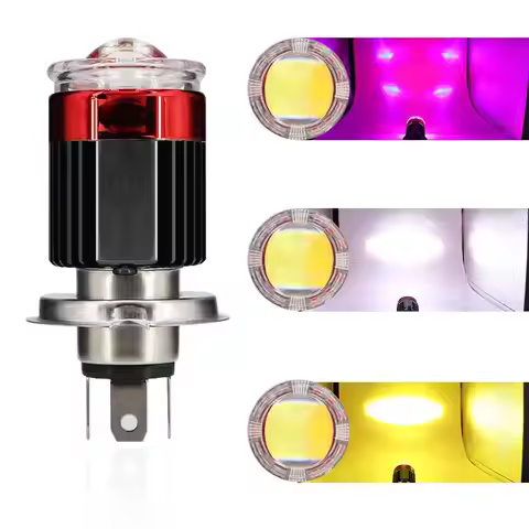 1Pc White Yellow Strobe Motorcycle Headlight 2 Color H4/H6 BA20D With Red Devil Eyes High/Low Beam M