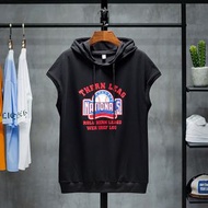 無袖連帽T恤衫夏季新款日系潮牌坎肩背心印花純棉運動速幹上衣服