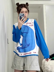 VELIN M-2XL Lengan Panjang Sweater Wanita Korean Leher Krew Elephant Cetakan Longgar Sweatshirt