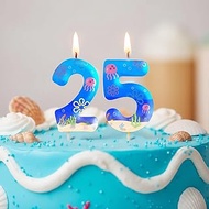 Ocean Style Number Candle 2 and 5 for 25th Birthday Cake, White Wax with Cartoon Floral Jellyfish Se