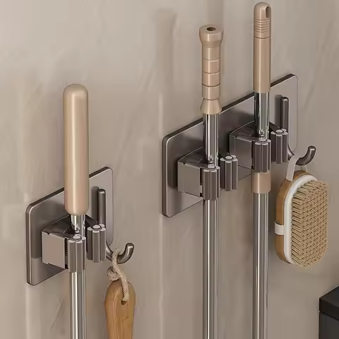 304 Stainless Steel Mop Holder Wall Mounted Adhesive Multi-Purpose Hooks Household Storage Organizer