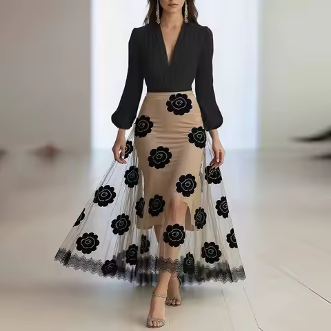 2026 European and American Printed Dress Party Elegant Vacation Mesh Dress