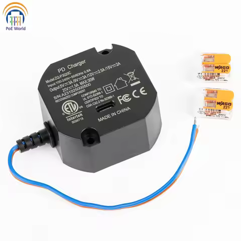 Flush Wall-mounted USB-C Charger 240V AC to 5V/9V/12V/15V/20V Type-C Power Supply 30W Max Output Ada