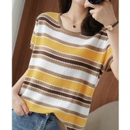 SK3035 -MSIA Ready Stock Knitted Material Women Top 棉麻条纹短袖女亚麻撞色彩条半袖T恤