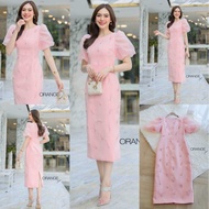 💙พร้อมส่ง S-4XL💙ป้าย Orange Juice💕เดรสยาว สีชมพู ปัก 3D แขนพอง ชุดออกงาน