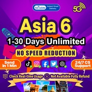 Asia 6 eSIM 5G High speed  1-30 Days 500MB-15GB Unlimited Data Southeast Asia eSIM card