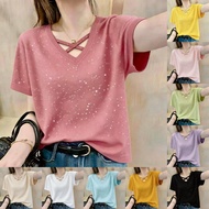 Hollow V-neck Ice Silk Threaded Gypsy Short-sleeved T-shirt Women's Top