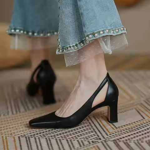 Woman Footwear Office High Heels Black Square Toe Block Heel On Heeled Luxury Leather Casual Pumps C