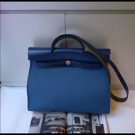 Hermes 銀釦藍色帆布兩用包 herbag 39