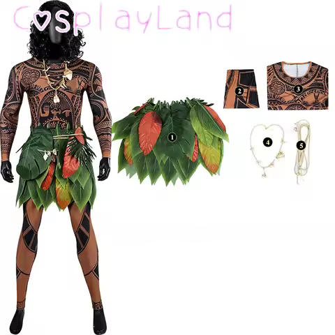 Maui Cosplay Costume Elastic Top Pants Leaf Skirt Halloween Outfit Full Set Maui Performance Costume