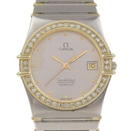 二手OMEGA星座系列男士腕錶，不鏽鋼錶殼鑲嵌鑽石，石英機芯，指針式顯示，銀色錶盤。