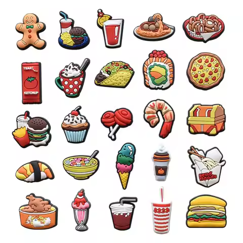 New 1Pcs Burger Food Drink Fruit Shoes Charms for Crocs DIY Clogs Kids Pin Decoration Jeans Shoe Acc