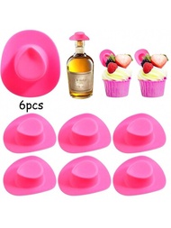 6入組粉紅色迷你牛仔帽,塑料西式中性帽,可愛的娃娃帽子,適用於情人節派對、玩假裝的娃娃屋、蛋糕裝飾
