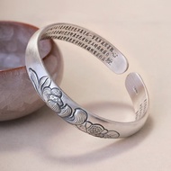 baoluan#Retro ethnic style999Pure silver peony flower embossed open bracelet, a gift for mom, handma