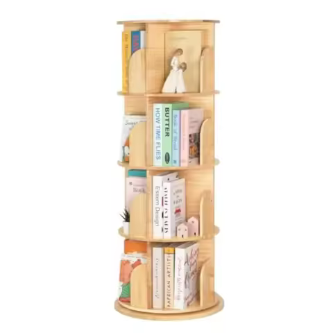 4-Tier Solid Wood Rotating Bookshelf for:Natural Wood Finish, Smooth 360 Spin, Space-Saving Design, 