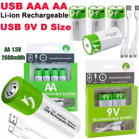 Fast Charge USB AAA/AA/9V/C2/D1 Rechargeable Li-ion Batteries AAA Battery 550mWH / AA Battery 2600mW