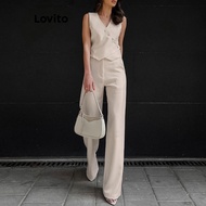 Lovito Casual Pants Sets Plain Button Front Asymmetrical Pants Set for Women LNL35035 (Apricot/Black