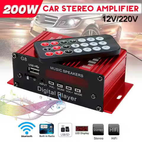 G8 Car DC 12V 200W 4 Channel HiFi Audio Digital Power Amplifier Player Stereo bluetooth AUX USB/TF/F