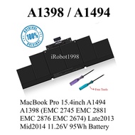 Original 15.4inch A1494 A1398 (EMC 2745 2881 2876 2674) Late 2013 Mid 2014 11.26V 95Wh Replacement B