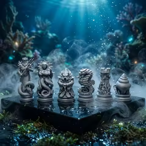 16PCS Ocean Myth Chess Figurines 3D Printed Deep Sea Theme Chess Set Coral Sculpture Tabletop Game D