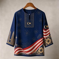 Three-Quarter Sleeve Independence Day Shirt - Full Print Featuring August 31st Theme - Soft & Airy M