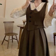 French summer high-end Sensor Doll Neck Splice, fake two-piece dress Piece dress, women's 1-piece lo