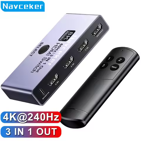 Navceker HDMI 2.1 Switcher 8K 4K 240Hz 3 Input 1 Output HDMI Switch Splitter 3x1 with Remote for Lap