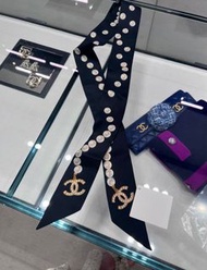 Chanel 香奈兒 經典雙C LOGO 珍珠鍊圖騰 Twilly長絲巾 海軍藍/盒裝版🉑️無卡/刷卡分期