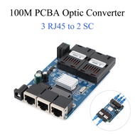 10M/100M Fiber Optic Media Converter 2 SC to 3 RJ45 A+B Optic Connector 1310nm/1550nm Ports PCBA Boa