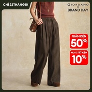 GIORDANO Women Pants Check Baggy Pants Elastic Waist Pleated Wide Leg Trendy Relaxed Casual Warm Pan