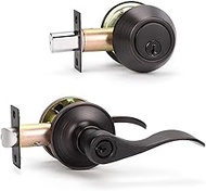 Entry Door Levers and Double Keyed Deadbolt Combination Lockset, Oil Rubbed Bronze Finished, Keyed Alike Entrance Door Locks, Universal for Right and Left Handed Doors, 3 Pack