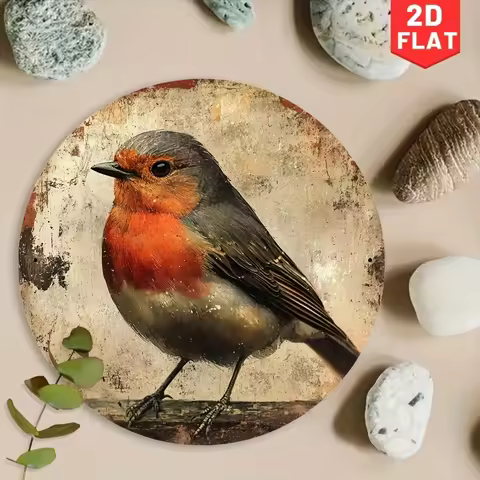 [2D Flat] 1pc Vintage Robin Bird Round Aluminum Sign - 8x8 Inch (20x20cm) Rustic Wall Decor for Home