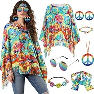SINSEN Hippie Costume Women's Set 60s 70s Outfit with Hippie Poncho Peace Sign Necklace Batik Headba