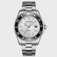LONGBO龍波 80430時尚經典水鬼系列夜光指針鋼帶手錶- 銀白
