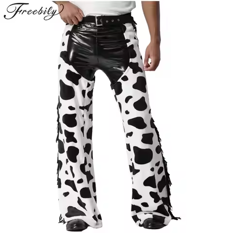 Men Cowboy Costume Cow Print Crotchless Pants Cowboy Chaps Halloween Cosplay Costume Carnival Rave D