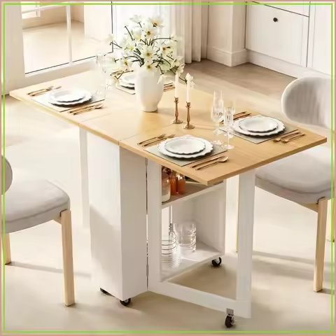 Folding Dining Table with Storage Rack, Space Saving Kitchen Table on Wheels, 48.6 x 24.6 x 30.6