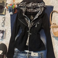 Hooded Sweatshirt Jacket with Leopard Print Stitching - Fake Fur, Y2K Zipper Design - Autumn Winter