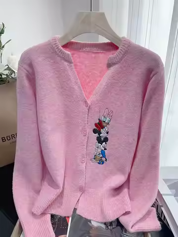 Disney Embroidered Cardigan Loose Look Slimmer Versatile Round Neck Cute Mickey Knitting Cardigan Wo