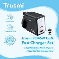 Trusmi 45W GaN Fast Charger USB-C PD + USB-A | Dual Port UK Plug | SIRIM Certified | Compact Design 