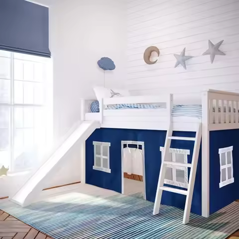 A Loft Bed, Twin Bed Frame For Kids With Slide and Curtains For Bottom, White/Blue bedroom set bedro