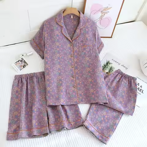 Women's Cotton Spring and Summer Short Sleeved Home Clothes Long Pants Three Piece Set Pijamas Women