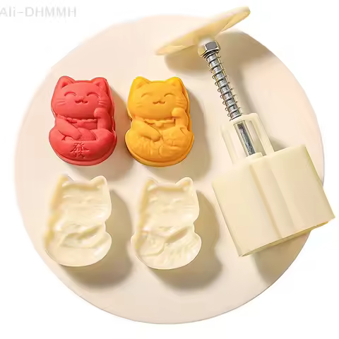 Cute Cartoon Cat Shape Moon Cake Mold Including 1 Mold And 2 Stamps DIY Hand Press Fondant Moon Cake