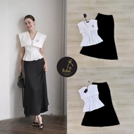 TCH003 Ticha Brand 3-Piece Set White Sleeveless Shirt Matching Long Skirt And Brooch [2PM]