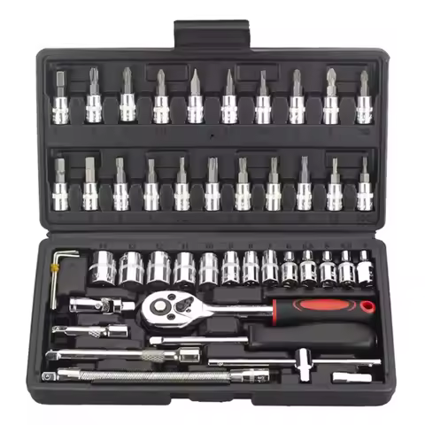 46pcs 1/4 Inch Drive Socket Set Ratchet Wrench Set Car Tool Kit, Bit Socket Wrench Set Metric Mechan