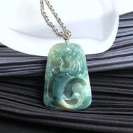 天然 翡翠 項鍊 C型龍 老種水透 藍水飄花 龍吐珠 西德鋼項鍊