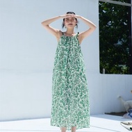 紡詩車間 綠色碎花無袖吊帶洋裝 夏季寬松中長裙子連衣裙