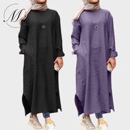 S-5XL Women Linen Muslimah Long Dress Plain Color Maxi Dress Baju Panjang Wanita Plus Size Bergaya 女亚麻纯色简约长裙
