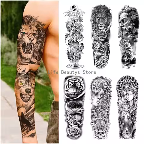 New Male Arm Sleeve Tattoo Waterproof Lion Tiger Animal Flower Arm Tattoo Sticker