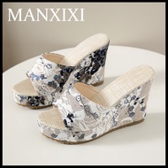 MANXIXI Fashion Women 3.93 Inches High Heels Beautiful Flowers Pattern Wedge Sandals (Size 35-42)